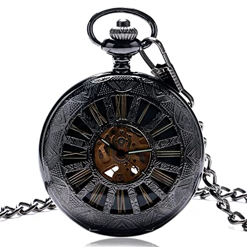 N/Ａ Mechanische automatische Taschenuhr Herren römische Ziffern Display Taschenanhänger Uhr Schwarz Hohl Halb Hunter Retro Uhr Hochzeitstag Vatertag Weihnachten Geburtstagsgeschenk von N/Ａ