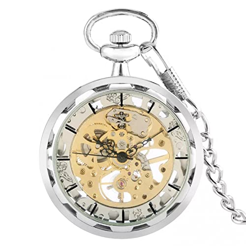 N/Ａ Offenes Zifferblatt Silber Skelett Transparente Mechanische Taschenuhr Handaufzug Anhänger Antike Uhr Goldene manuelle Mechanismusanzeige Hochzeitstag Vatertag Weihnachten Geburtstagsgeschenk von N/Ａ