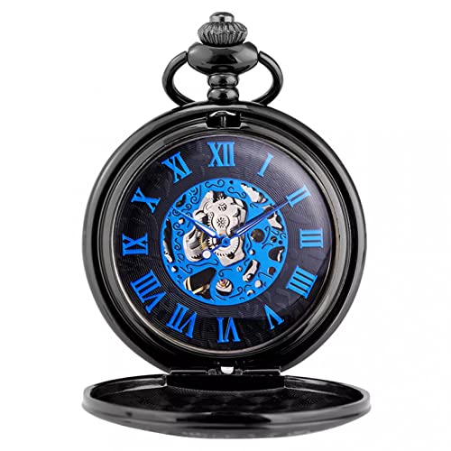 N/Ａ Retro Schwarz Mechanische Handaufzug Taschenuhr Blaue römische Ziffern Display Anhänger Manueller Mechanismus Uhr Hochzeitstag Vatertag Weihnachten Geburtstagsgeschenk von N/Ａ