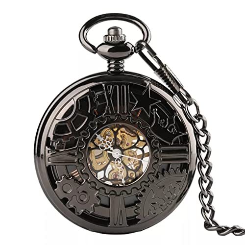 N/Ａ Vintage Black Half Hunter Handaufzug Mechanische Taschenuhr Steampunk Coole Männer Frauen Anhänger Uhr Geschenke mit Kette Hochzeitstag Vatertag Weihnachten Geburtstagsgeschenk von N/Ａ