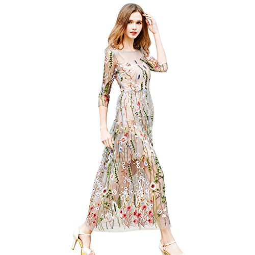 NA Damen Midi-Kleid mit Blumenstickerei, durchsichtiges Netzgewebe, legeres Abendkleid, A-Linie Gr. M, mehrfarbig von N\A