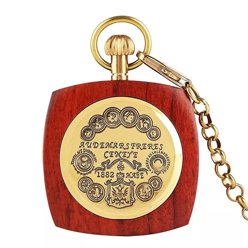 Quadratische gravierte mechanische Taschenuhr aus echtem Holz mit Handaufzug goldene Punk-Kette Vintage-Anhängeruhr mit schwarzer Beuteltasche Hochzeitstag Vatertag Weihnachten Geburtstagsgeschenk von N/Ａ