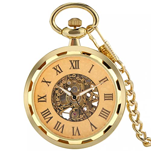 Royal Luxury Gold Mechanische Taschenuhr Offene Abdeckung Handaufzug Römische Zahl Zifferblatt Kette Schmuck Stunden Uhr Uhr für Männer Frauen Hochzeitstag Vatertag Weihnachten Geburtstagsgeschenk von N/Ａ