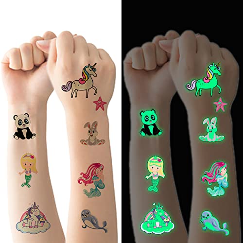 Tattoo Kinder, 20 Blätter Temporäre Kinder Tattoos Set mit Einhorn Ozean Meerjungfrau Tier, Im Dunkeln Leuchtende Cartoon Wasserdichte Kindertattoos Aufkleber, Jungen Mädchen Party Dekor Geschenk von N\A