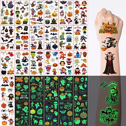 Halloween Tattoos Kinder, 10 Blatt Leuchten im Dunkeln Tattoo und 20 Blatt Halloween Temporäre Tattoo, 300+ pcs Kürbis Ghost Spinnen,Kindergeburtstag Mitgebsel Halloween Deko Party Cosplay Zubehör von N\A