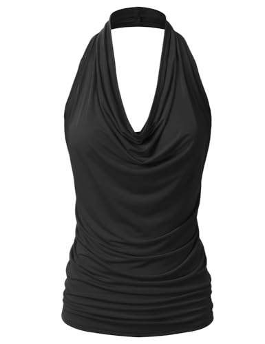 Xmrtxx Tank Top Damen Neckholder Top V Ausschnitt Sexy Rückenfrei Oberteil mit Falten Sommer Ärmellose Locker Schulterfreies Tops für Frauen Schwarz von Xmrtxx