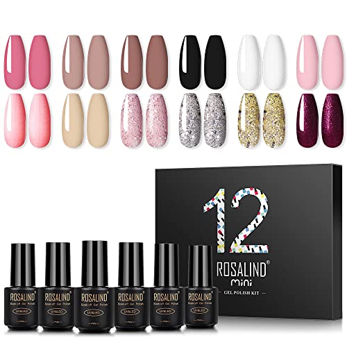 ROSALIND Gel Nagellack 12pcs UV -Shellac Gellack UV Rosa Schwarz Weiß Braun Nude Glitzer Farben Set,Gel Nail Polish für Nagel Design Schellack Nagellack Starter set von ROSALIND