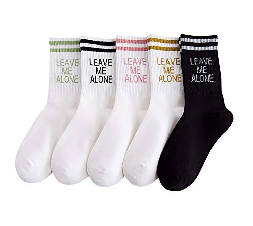 5 Paar Damen-Socken mit Schriftzug "Leave Me Alone", lustige Stricksocken, knöchelhohe Socken, Baumwoll-Strick, lässiger Crew-Socken für Teenager, Frauen und Männer von N\C