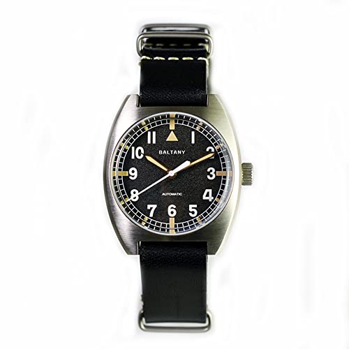 NC BALTANY W10 Tonneau Watch Homage RAF British Army Watch Edelstahl NH38 Automatik Vintage Armbanduhr für Herren (Black NA Strap) von N\C