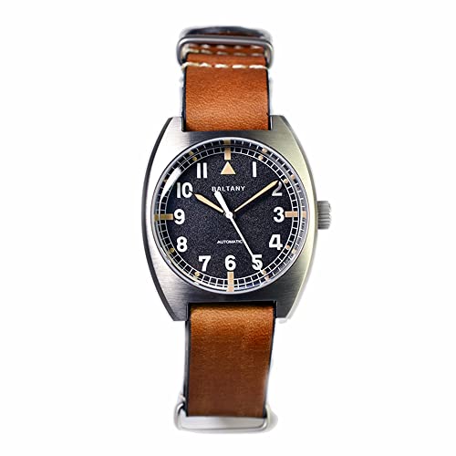 NC BALTANY W10 Tonneau Watch Homage RAF British Army Watch Edelstahl NH38 Automatik Vintage Armbanduhr für Herren (Brown NA Strap) von N\C