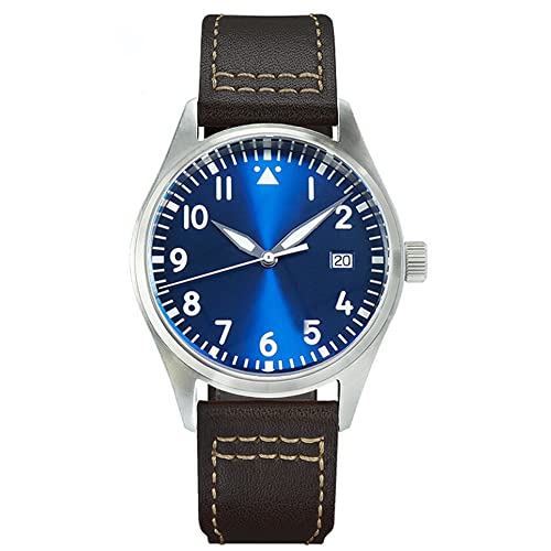 NC Cronos 39mm Pilot Mechanical Men Watches PT5000 Super Luminous Sapphire Class Braunes Lederband Edelstahl Fliegeruhr (Color 1 no Logo) von NC