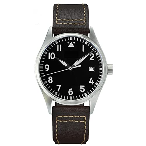 NC Cronos 39mm Pilot Mechanical Men Watches PT5000 Super Luminous Sapphire Class Braunes Lederband Edelstahl Fliegeruhr (Color 3 no Logo) von NC