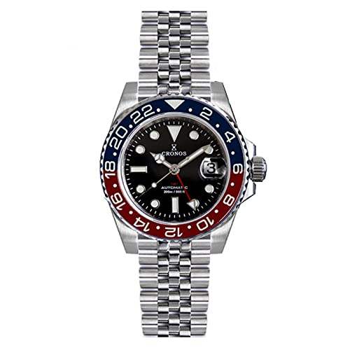 Cronos Herren-Armbanduhr, Edelstahl, automatische GMT, bidirektionale Lünette, Saphirglas, 20 ATM, Metallarmband, mechanische Armbanduhr, Farbe 2, mechanisch, Farbe 2, Mechanisch von NC
