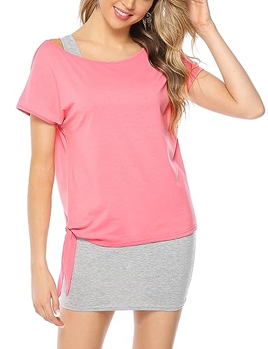 Gyabnw Damen Kleid Sommerkleid Shirtkleider Elegant Jerseykleid Sommerlicher Zweiteiler - Kleid & Oversize Shirt für Party, Rosa Grau, S von Gyabnw