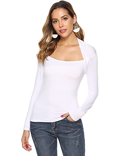 Damen Langarmshirt mit modischem Karree-Ausschnitt Elegant Shirt Oberteil Modischer T-Shir für Freizeit, Weiß, XXL von Gyabnw