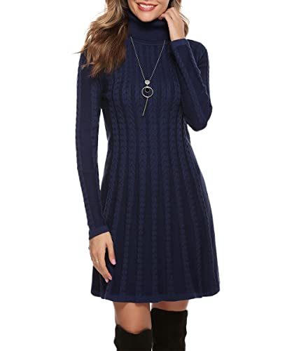 Gyabnw Damen Strickkleid Rollkragen Winterkleid Elegante A-Linie Knielanges Kleid Pulloverkleid Zopfmuster Minikleid Strickpullover für Party Cocktail Freizeit, Navy Blau-Rollkragen, XL von Gyabnw