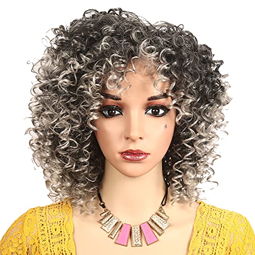 Lockige Afro Perücke für Frauen kurz lockige perücken mit pony synthetisches haar perücke (Grau-Silber) von N\C