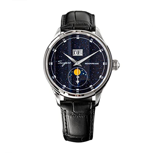 NC Moonphase Luxury Herrenuhren 316L Edelstahlgehäuse Seagull ST2528 Uhrwerk Edelstein Sterne Zifferblatt Automatik Herren Armbanduhr Geschenk (Black Strap) von NC