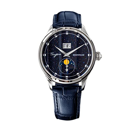 NC Moonphase Luxury Herrenuhren 316L Edelstahlgehäuse Seagull ST2528 Uhrwerk Edelstein Sterne Zifferblatt Automatik Herren Armbanduhr Geschenk (Blue Strap) von NC