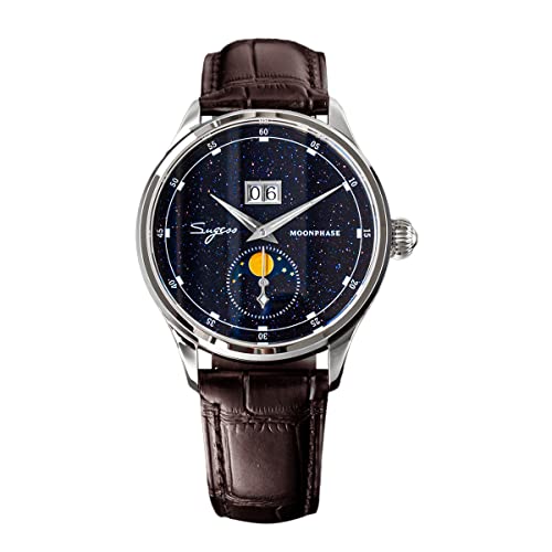 NC Moonphase Luxury Herrenuhren 316L Edelstahlgehäuse Seagull ST2528 Uhrwerk Edelstein Sterne Zifferblatt Automatik Herren Armbanduhr Geschenk (Brown Strap) von NC