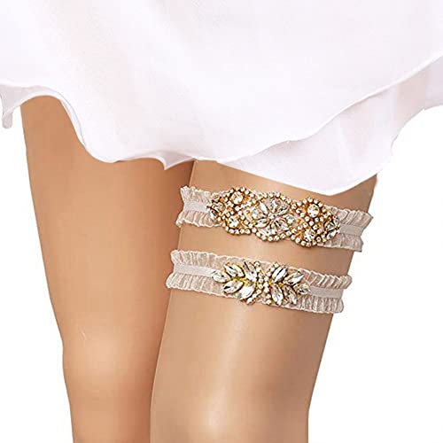 NC 2Pcs Vintage Braut Strumpfband Set mit Strass Braut Bein Strumpfband Hochzeit Strumpfband für die Braut Stretch Spitze Braut Strumpfband Set mit Strass von N\C