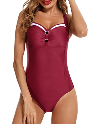 NC Damen Badeanzug Elegant Einteillige Bademode Bauchweg Schwimmanzug Sexy Beachwear Mit Abnehmbaren Brustpolstern Verstellbarer Schultergurt Elastisch Muster Einfarbig Weinrot M von Aottori