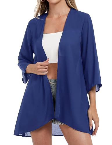 Aottori Damen Lang Chiffon Bolero Sommer Boho Leicht Casual 3/4 Ärmel Cardigan Strickjacke Offene Front Strand Kimono Florale Beachwear Bikini Cover up Shawl Bluse Oberteil Tops Saphir S von Aottori