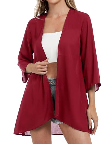 Aottori Damen Lang Chiffon Bolero Sommer Boho Leicht Casual 3/4 Ärmel Cardigan Strickjacke Offene Front Strand Kimono Florale Beachwear Bikini Cover up Shawl Bluse Oberteil Tops Rot S von Aottori