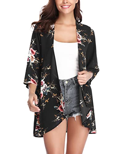 Aottori Damen Lang Chiffon Bolero Sommer Boho Leicht Casual 3/4 Ärmel Cardigan Strickjacke Offene Front Strand Kimono Florale Beachwear Bikini Cover up Shawl Bluse Oberteil Tops Schwarz-1 M von Aottori