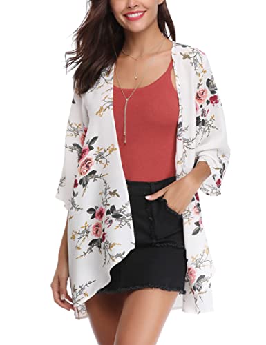 Aottori Damen Lang Chiffon Bolero Sommer Boho Leicht Casual 3/4 Ärmel Cardigan Strickjacke Offene Front Strand Kimono Florale Beachwear Bikini Cover up Shawl Bluse Oberteil Tops Weiß-1 M von Aottori