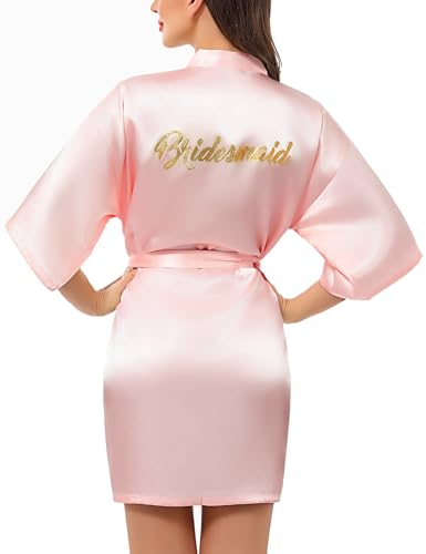 Irdcomps Bride Morgenmantel Set Damen Bademantel Kurz Satin Kimono Robe Seide Leicht Nachtwäsche Braut Brautjungfer Hochzeitspyjama-Party Geschenk mit Gürtel V-Ausschnitt Brautjungfer-rosa S von Irdcomps