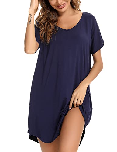 Aseniza Damen Nachthemd Kurzarm Baumwolle Nachtwäsche Negligee Loose fit Schlafhemd Kurze Sommer Schlafshirt Knielang Nachtkleid,A-Dunkelblau,L von Aseniza