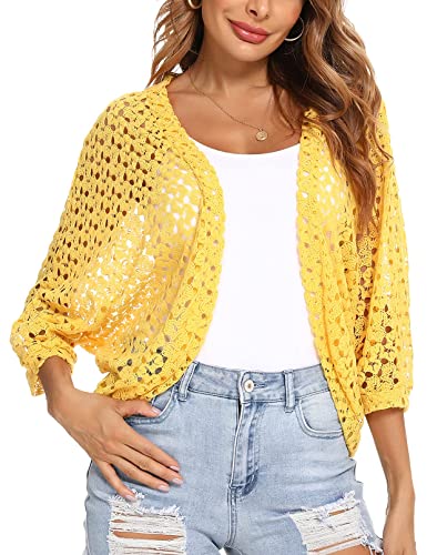 Gyabnw Damen Strickacke Elegante Bolero Spitzenjacke Festlich Cardigan Kurzer Blazer Festlich Bolero mit 3/4 Arm für Abendkleider Cocktailkleid, Gelb, L von Gyabnw