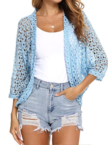 Gyabnw Damen Strickacke Elegante Bolero Spitzenjacke Festlich Cardigan Kurzer Blazer Festlich Bolero mit 3/4 Arm für Abendkleider Cocktailkleid, Hellblau, M von Gyabnw