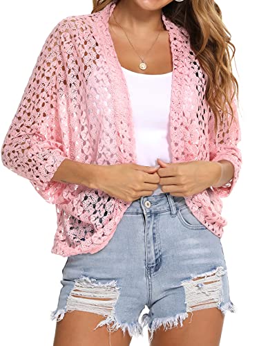 Gyabnw Damen Strickacke Elegante Bolero Spitzenjacke Festlich Cardigan Kurzer Blazer Festlich Bolero mit 3/4 Arm für Abendkleider Cocktailkleid, Rosa, S von Gyabnw