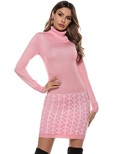 NC Damen Strickkleid Trendy Mini-Kleid Pullikleid Freizeit Kleider mit Rollkragen und Gemustertem Rockteil für Herbst und Winter, Rosa Gemustertem, S von N\C