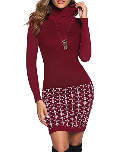 NC Damen Strickkleid Trendy Mini-Kleid Pullikleid Freizeit Kleider mit Rollkragen und Gemustertem Rockteil für Herbst und Winter, Weinrot-Gemustertem, L von N\C