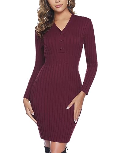 Gyabnw Damen Strickkleid Vintage Pullikleid Elegant Pulloverkleid Langarm Freizeit-Kleid Winter-Kleid Cocktailkleid mit V-Ausschnitt Zierknöpfen Kleid für Party Freizeit, Weinrot, XXL von Gyabnw