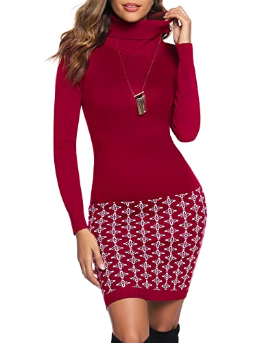 NC Gyabnw Damen Strickkleid Trendy Mini-Kleid Pullikleid Freizeit Kleider mit Rollkragen und Gemustertem Rockteil für Herbst und Winter, Dunkelrot, XL von N\C