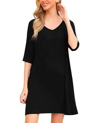 Irdcomps Nachthemd Damen Baumwolle Sexy Kurz Schlafshirt Oversize Sleepshirt Große Größen 3/4 Ärmel Nachtwäsche Sommer Schwarz L von Irdcomps