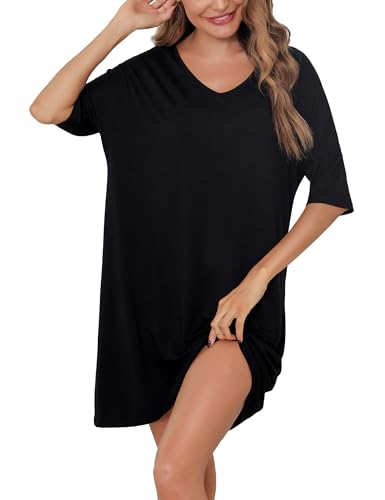 Irdcomps Nachthemd Damen Kurz Schlafshirt Baumwolle Große Größen Bigshirts zum Schlafen Sleepshirt Sexy 3/4 Ärmel Schwarz M von Irdcomps