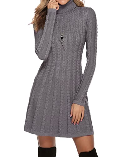 Gyabnw Damen Strickkleid Rollkragen Winterkleid Elegante A-Linie Knielanges Kleid Pulloverkleid Zopfmuster Minikleid Strickpullover für Party Cocktail Freizeit, Grau-Rollkragen, L von Gyabnw