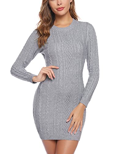 NC Strickkleider Damen Pulloverkleid Elegante Pullover Rundkragen Winterkleid Pulli Minikleid Winter Langarm Tunika Sweater Kleid Grau XL von N\C