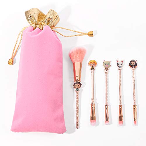 5 Stück Demon Slayer Make-up Pinsel Set mit Beutel, Anime Kollektion für Foundation Blush Lidschatten Gesicht Concealer Eyeliner Kontur Puder Liquid Eye,Pinsels mit rosa Beutel von N\C