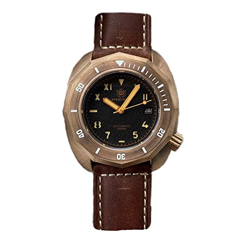 NC STEELDIVE SD1946S 44,5 mm Gehäuse aus massiver Bronze, schwarzes Zifferblatt, Herrenuhren, Lederband, Saphirglas, Vintage NH35, automatische Taucheruhr, Herren (Leather Strap) von N\C