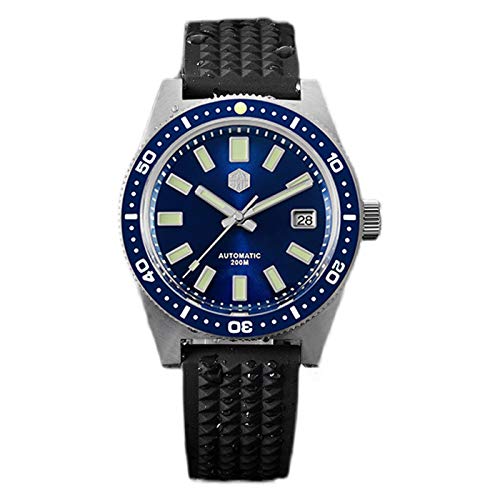 NC San Martin 62Mas Diver Mechanische Automatik Herrenuhr NH35 Keramiklünette Sunray Zifferblatt Saphirglas Edelstahl Uhren (Rubber Strap Blue) von San Martin