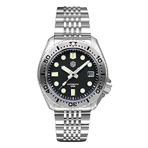 NC San Martin SN046G Edelstahl Taucheruhren NH35 Mov't Mechanische Uhr C3 Super leuchtendes Armband Saphirglas 200m wasserdichte Armbanduhr (Black) von San Martin