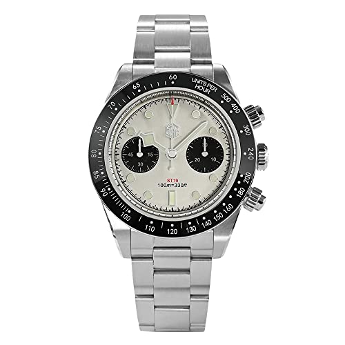 NC San Martin SN052G Herren Sportuhren Chronograph Saphirglas 10Bar Retro Luxus Seagull ST1901 Manuelle mechanische Uhren (White) von NC