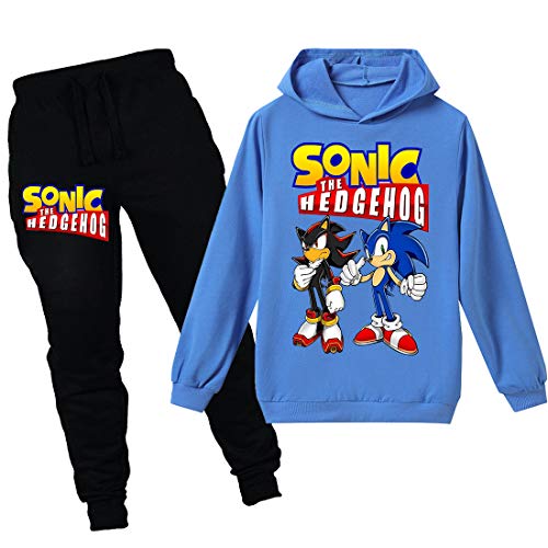 Sonic Hoodie und Hose Sportbekleidung Jungen Trainingsanzug Mädchen Niedlich Cartoon Prints The Hedgehog Kostüm Pullover, blau (1), 7-8 Jahre von N/F