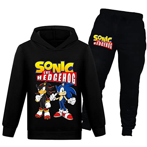 Sonic Hoodie und Hose Sportbekleidung Jungen Trainingsanzug Mädchen Niedlich Cartoon Prints The Hedgehog Kostüm Pullover, schwarz 1, 146 von N/F